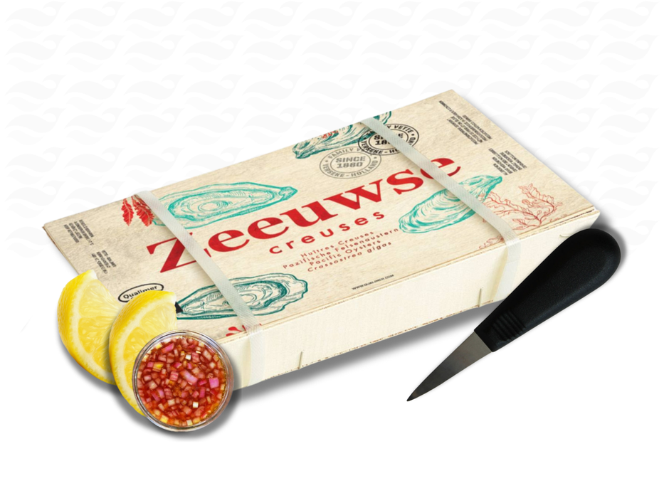 12 Verse Oesters + Gratis Oestermes, Citroenschijfjes & Vinaigrette